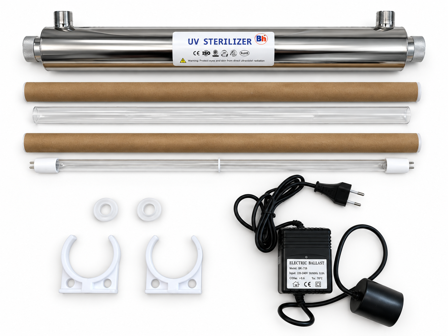 25-W-AMALGAM-UV-C-Sterilisator mit Lampe, Quarzrohr, Vorschaltgerät, Halterungen und Dichtungen